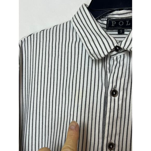 POL Women’s Size S White/Black Striped Long Sleeve Collared Button Front Shirt - Picture 7 of 8
